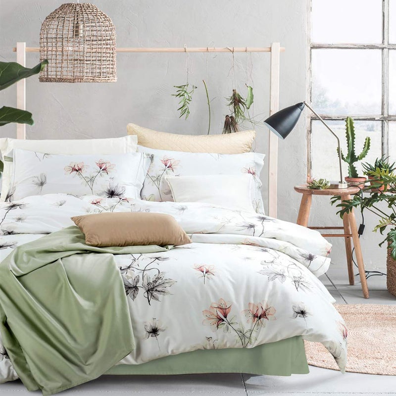 MILDLY 100% Long-Staple Cotton Duvet Cover Set White Green Floral Leaves Pattern Printed Comforter Cover 3pcs, Ultra Soft & Breathable Bedding Set - Image 1